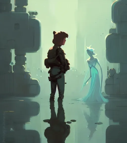 Image similar to a princess and a prince standing face to face by atey ghailan, by greg rutkowski, by greg tocchini, by james gilleard, by joe fenton, by kaethe butcher, dynamic lighting, gradient light blue, brown, blonde cream and white color scheme, grunge aesthetic