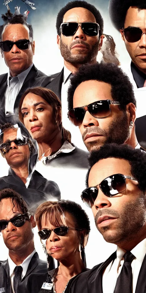 Prompt: lenny kravitz as men in black agent, only one head on the picture, dynamic movie still, detailed 8 k photorealistic portrait, imdb poster style