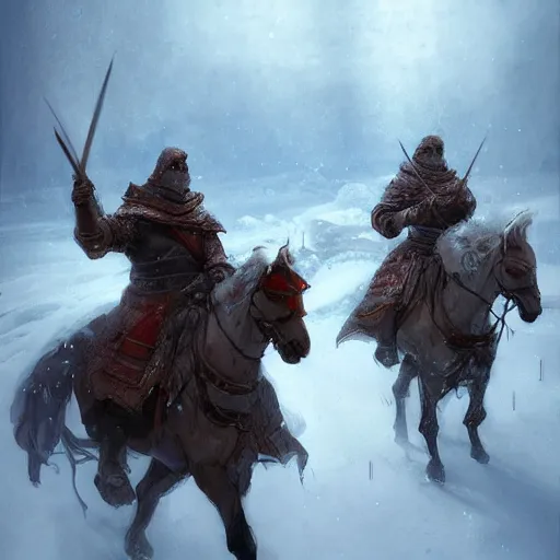 Image similar to Two knights on horseback seen from afar riding in the snow, snowy landscape, snow storm, fantasy, highly detailed, digital painting, artstation, concept art, illustration, art by Bayard Wu and Marc Simonetti and Diego Gisbert Llorens