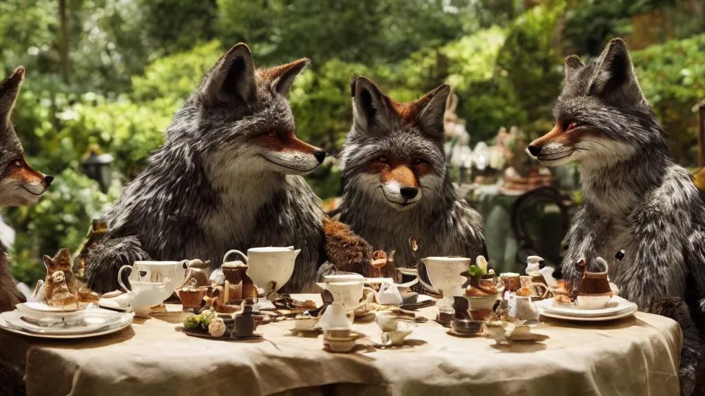 Prompt: film still from the movie chappie outdoor park plants garden scene bokeh depth of field several figures sitting down at a table having a delicious grand victorian tea party crumpets furry anthro anthropomorphic stylized cat ears wolf muzzle head fox fur