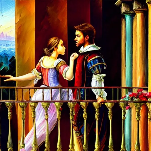 Prompt: highly detailed painting of shakespeare's romeo and juliet, balcony scene. juliet is at the balcony, romeo is in the street. intricate, high quality oil painting artstyle, in the style of leonid afremov, deviantart, figurative art, deviantart, ilya kuvshinov, lovecraftian, very detailed face, portrait