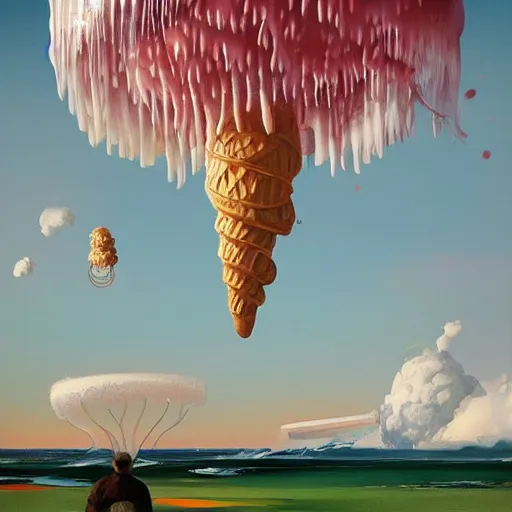 Prompt: Giant ice cream jellyfish fly through the air, as a tornado approaches, by Takashi Murakami, Edward Hopper, Bo Bartlett, and Cynthia Sheppard, Artstation