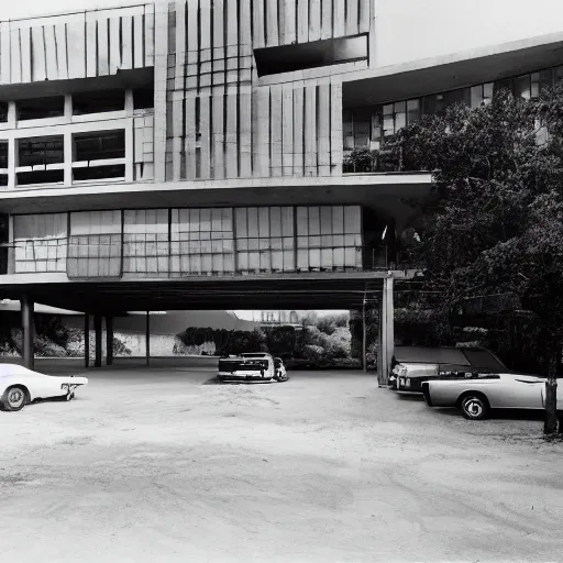 Image similar to second story cantilevered white brutalist office on top of 2 large piers, large windows, elegant, white stone, proportion, golden ratio, epic composition, steel window mullions, cars parked underneath, 1 6 : 9