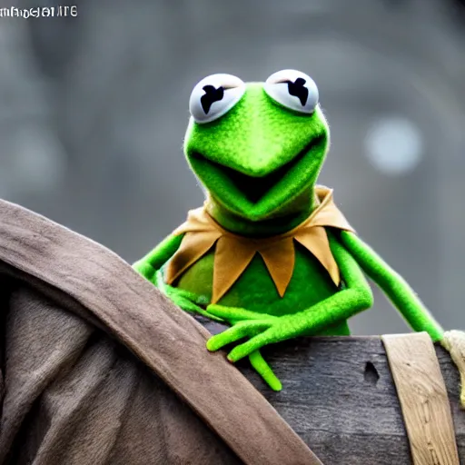 Image similar to first shot of kermit the frog in game of thrones, ( eos 5 ds r, iso 1 0 0, f / 8, 1 / 1 2 5, 8 4 mm, postprocessed, crisp face, facial features )