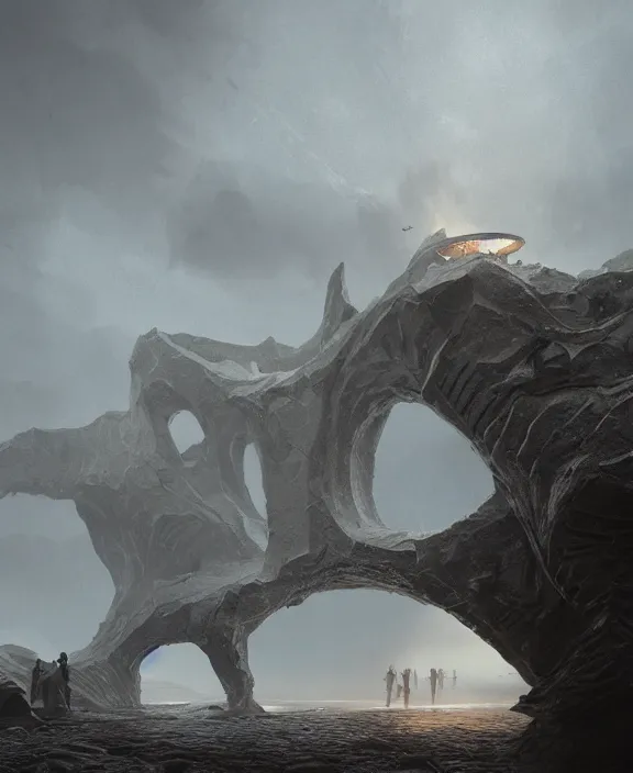 Prompt: surreal epic, masterpiece, romantic prometheus white exploration base, ancient ochre palette, impossible architecture by ruan jia, mecha floor, futuristic, blame, white architecture in the beach in iceland, foggy, highly detailed, digital painting, arstation, concept art, hyperealistic octane render, unreal engine