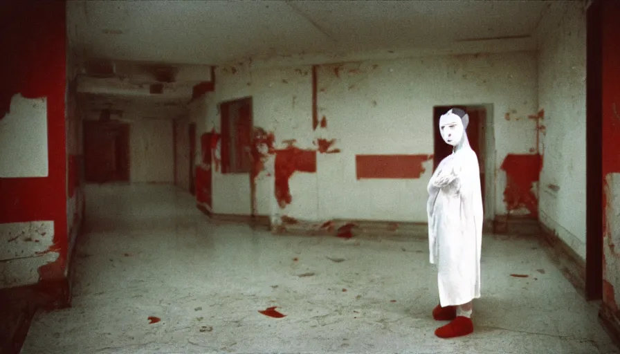 Image similar to 60s movie still of a foetus white japanese female phantom bloody in an empty soviet stalinist style hospital with dark walls, cinestill 800t 35mm technicolor, heavy grain, high quality, higly detailed, liminal space