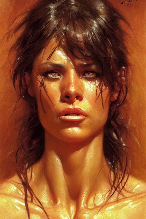 Prompt: muscular sweat spiderwoman,, exhausted face close up, highly detailed painting by gaston bussiere, craig mullins, j. c. leyendecker 8 k