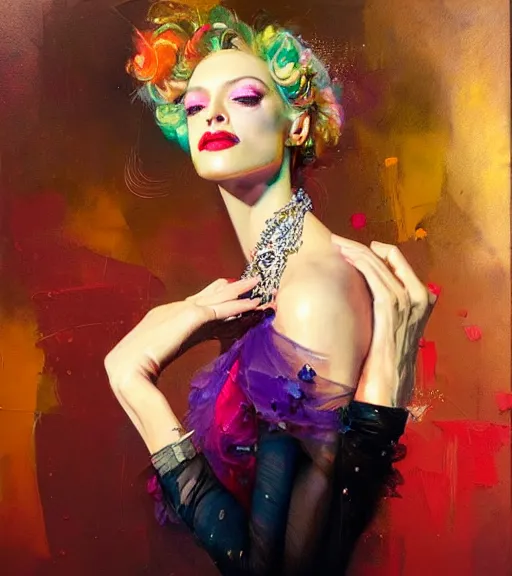 Image similar to delightful supermodel, diamond jewellery, by bartholomew beal, alfio presotto, rhads, salustiano garcia cruz, lita cabellut, contemporary art, mixed media, whimsical art, detailed,