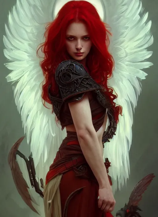 Image similar to a beautiful red haired woman as the angel of death, deep focus, d & d, fantasy, intricate, elegant, highly detailed, digital painting, artstation, concept art, matte, sharp focus, illustration, hearthstone, art by artgerm and greg rutkowski and alphonse mucha