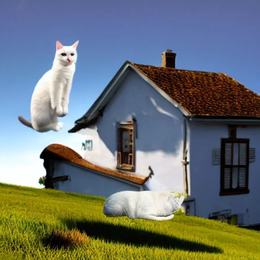 Prompt: realistic photo of a white female cat with a black spot on her trunk playing guitar, an old house with a window over a hill, blue sky