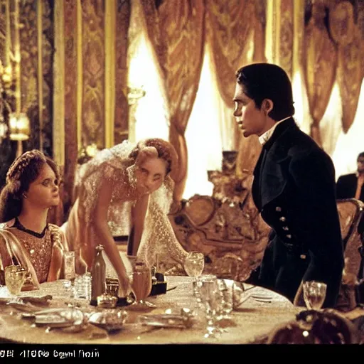 Prompt: ballroom scene from the leopard by luchino visconti with alain delon and claudia cardinale and an alien!!!! set in the 1 9 th century in an italian villa. technicolor!!!!, highly intricate, 5 0 mm