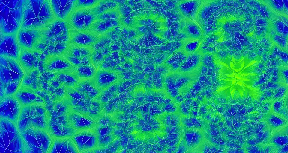 Image similar to low quality blurry cell phone footage of an abstract blue and green fractal, symmetry, dark