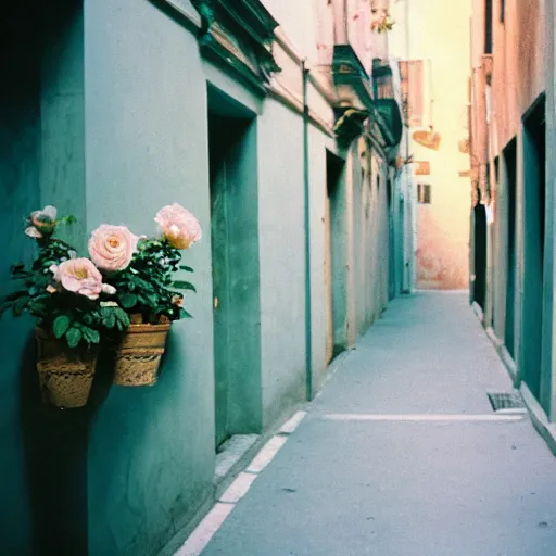 Image similar to kodak portra 8 0 0, flickr photograph view of a calm hallway street street with blue roses in downtown neo - venezia in a dreamy afternoon, a corner shop can be seen