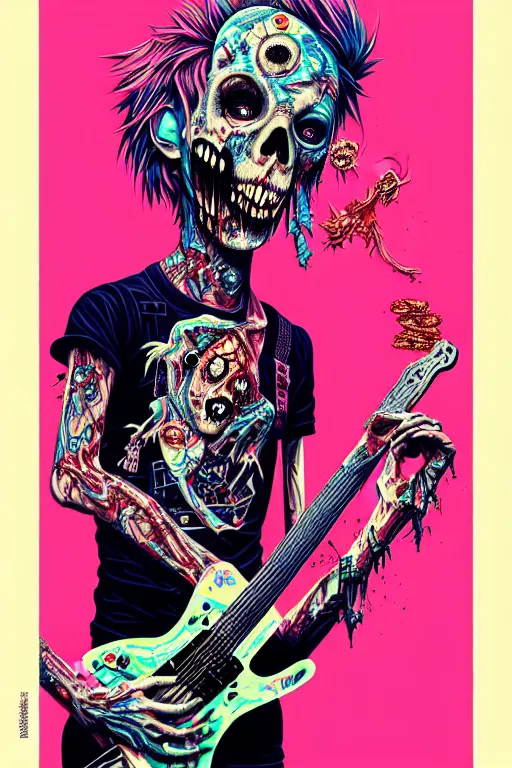 Image similar to risograph of a punk zombie playing guitar, tristan eaton, victo ngai, artgerm, rhads, ross draws, intricated details