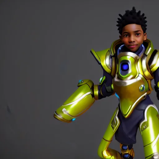 Image similar to a young boy with the appearance and armor of lucio from overwatch, design, octane render, 4 k, ingame shot