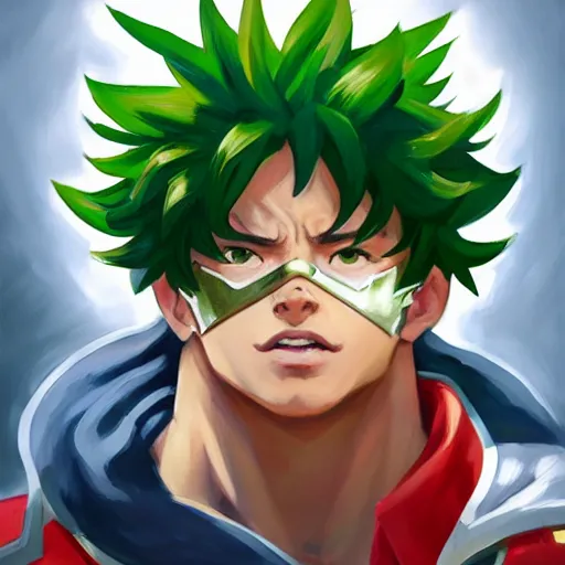 Image similar to greg manchess portrait painting of izuku midoriya as overwatch character, medium shot, asymmetrical, profile picture, organic painting, sunny day, matte painting, bold shapes, hard edges, street art, trending on artstation, by huang guangjian and gil elvgren and sachin teng