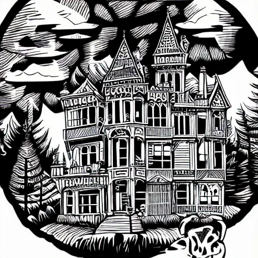 Prompt: mcbess illustration of a gothic mansion with an ansel adams backdrop