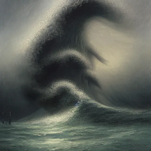 Image similar to by alejandro burdisio, by honore daumier atmospheric, hideous. the digital art of a huge wave about to crash down on three small boats. the boats are filled with people, & they all look terrified.