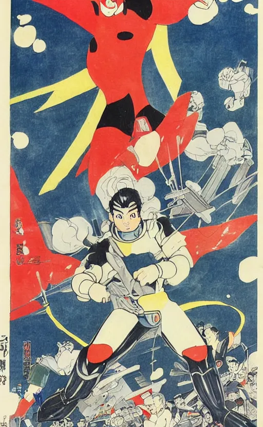 Image similar to Osamu Tezuka's Big X, young boy turned giant hero. Detailed manga painting, super soldier, military, kaiju, tokusatsu