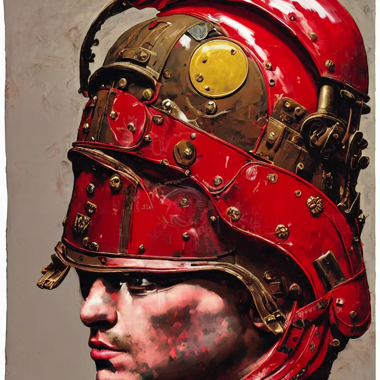 Prompt: portrait of a third reich soldier in ornate military fighter helmet in a helmet background red plastic bag, circuitboard,, rich deep colors, ultra detail, by francis bacon, james ginn, petra courtright, jenny saville, gerhard richter, zdzisaw beksinsk, takato yamamoto. masterpiece, elegant fashion studio ighting 3 5 mm