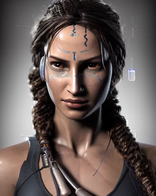 Image similar to centered portrait of soulful lara croft as a solarpunk mecha humanoid robotic parts wearing, with bright led lights, real human face, pudica gesture bouguereau style, in white room, ultra - realistic and intricate, soft portrait shot 8 k