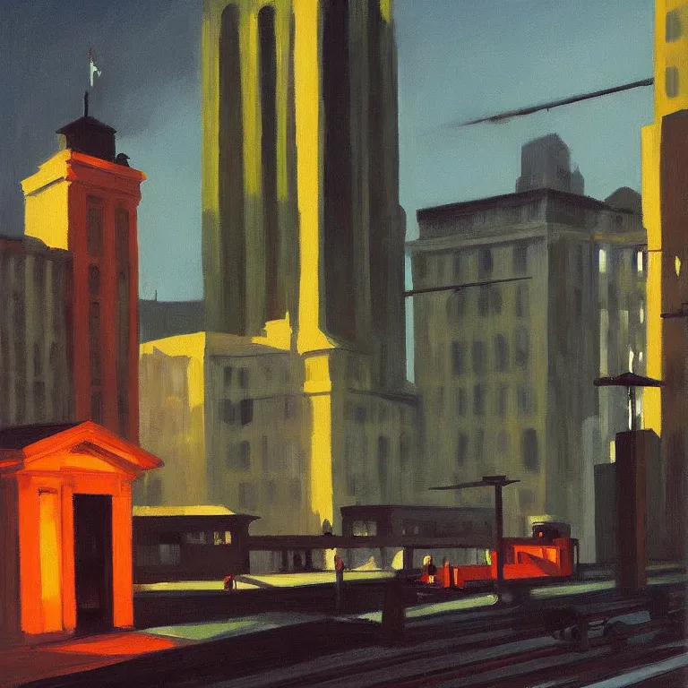 Prompt: dark city raised train platform, painted by Edward Hopper and James Gilleard, oil painting