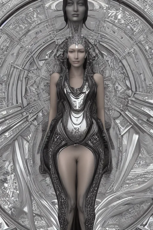 Image similar to a portrait of a beautiful ancient alien woman goddess bella hadid deity standing in iris van herpen dress in diamonds and fractals in style of alphonse mucha art nuvo dmt trending on artstation made in unreal engine 4