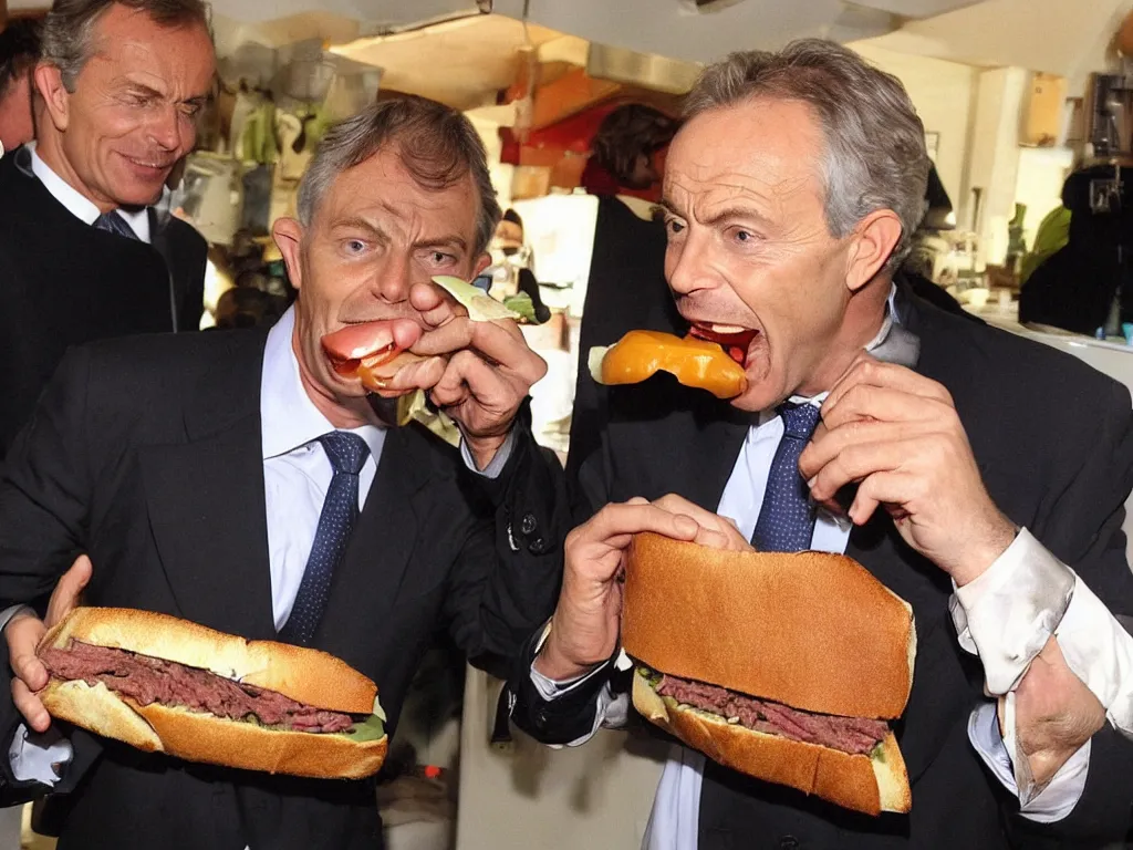 Image similar to a man whose head has been expanded into the shape of an anvil, eats a beef sandwich. he is gagged and trussed like a turkey. he is tony blair