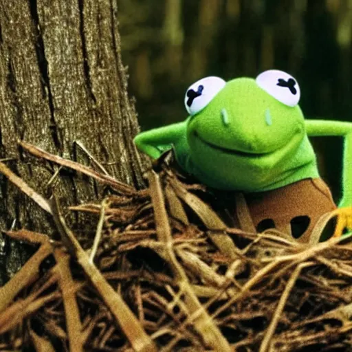 Prompt: a still of the kermit the frog in the blair witch project