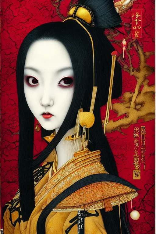 Prompt: watercolor painting of a japanese bjd geisha vampire queen with a long neck by tom bagshaw, ayami kojima, mark ryden in the style of thoth tarot card, dark - fantasy, red, gold, black