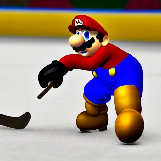 Image similar to super mario playing hockey, highly detailed, extremely high quality, hd, 4 k, 8 k, canon 3 0 0 mm, professional photographer, 4 0 mp, lifelike, top - rated, award winning, realistic, detailed lighting, detailed shadows, sharp, no blur, edited, corrected, trending