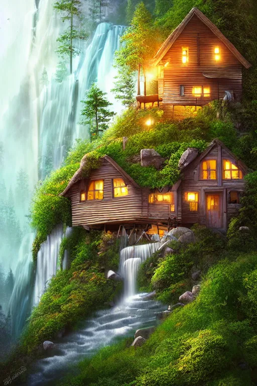 Image similar to scandinavian house in the forest on a hill, pixar, vector style, waterfall flows down from the mountain, vector art, fabulous, global illumination, warm lighting, by jordan grimmer