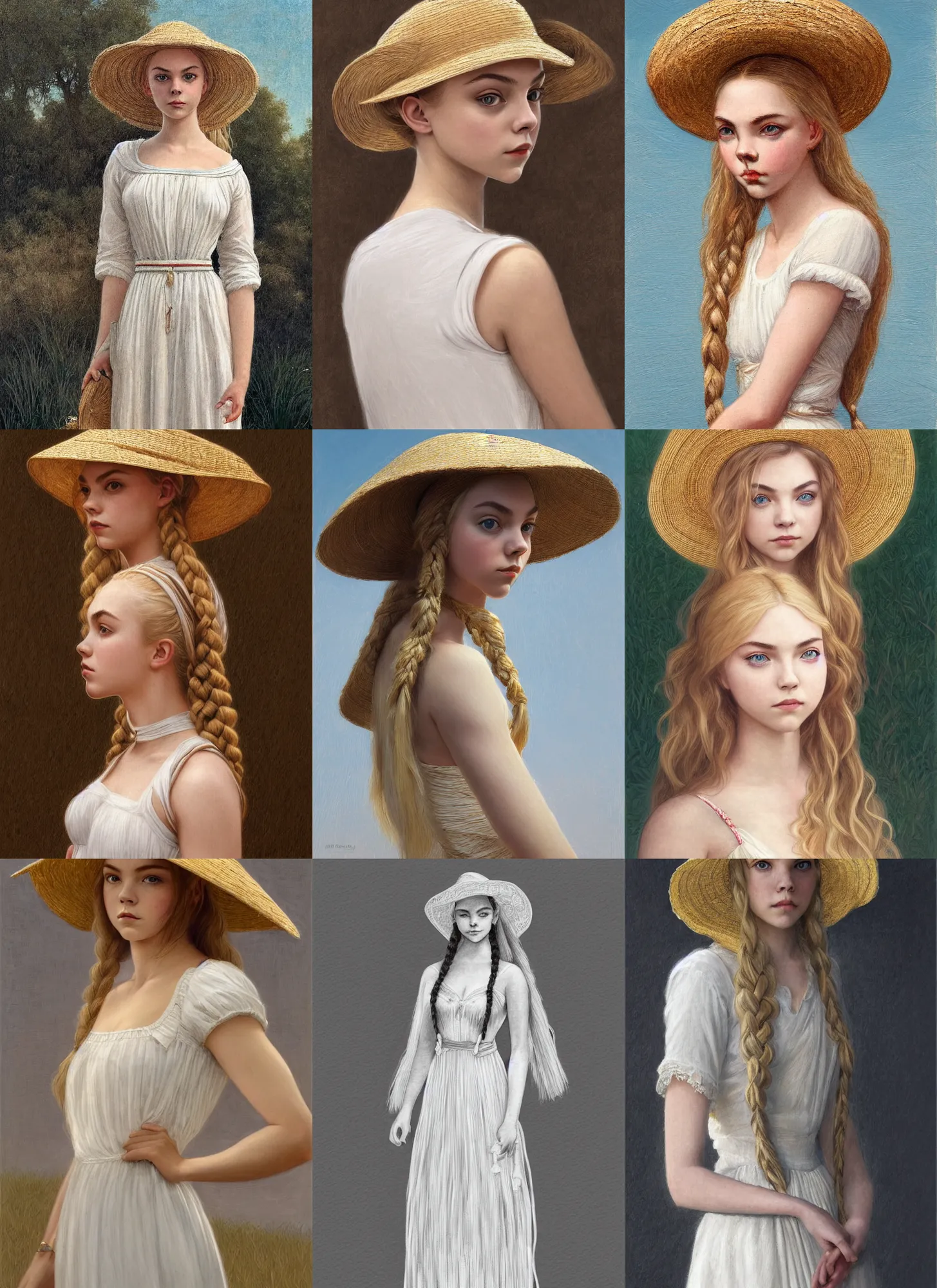 Prompt: anya taylor - joy, annasophia robb, blond, wearing straw hat, symmetrical, long braided blond hair, symmetrical, white dress, intricate, elegant, highly detailed, digital painting, artstation, concept art, smooth, sharp focus, illustration, bouguereau, rutkowski, mucha