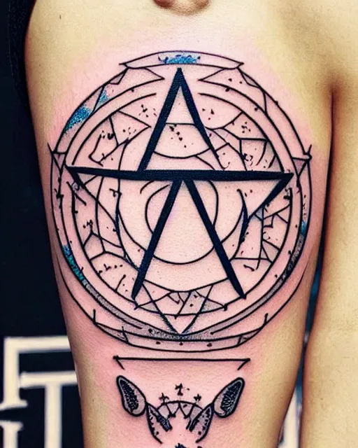 Image similar to “a beautiful tattoo design with a vaporwave theme featuring a ghostly female face, an alchemical symbol, winamp ui and tiny kawaii stars. fine line tattoo design with white background.”