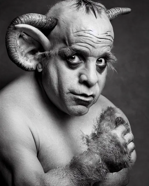 Image similar to actor Danny Devito in Elaborate Pan Satyr Goat Man Makeup and prosthetics designed by Rick Baker, Hyperreal, Head Shots Photographed in the Style of Annie Leibovitz, Studio Lighting