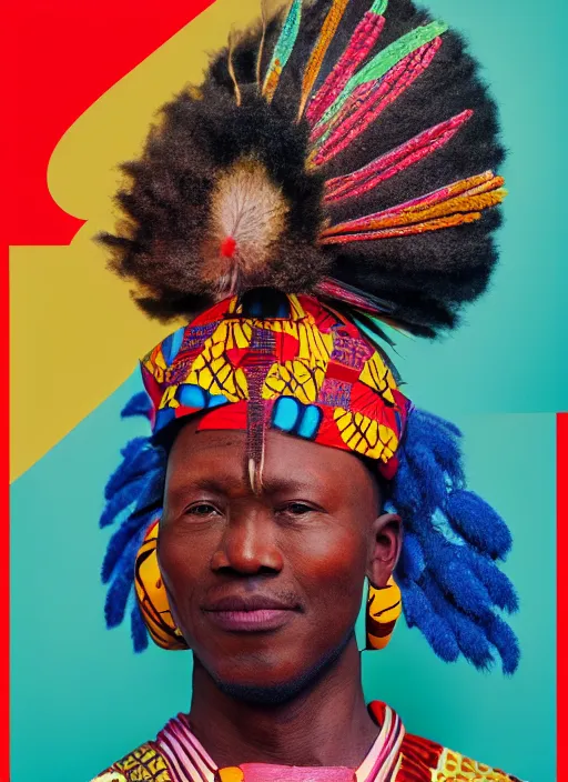 Prompt: analogue photo of an african chief wearing a colourful Japanese Kimono, african facial features, full body shot, rembrandt lighting, magazine collage, 35mm, f/1.4,