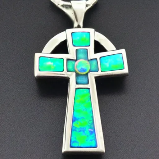 Prompt: black onyx celtic cross with opal center piece lined with jade