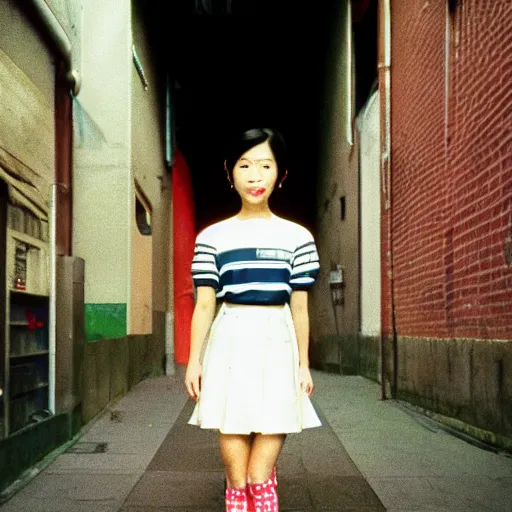 Image similar to 1990s perfect 8K HD professional cinematic photo of a japanese schoolgirl, in sci-fi alleyway at evening, at instagram, Behance, Adobe Lightroom, with instagram filters, depth of field, taken with polaroid kodak portra