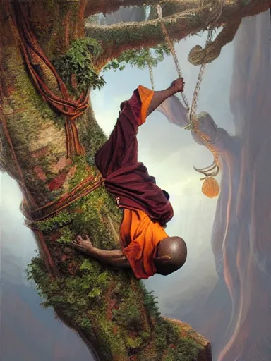 Prompt: a monk, hanging upside down from a tree, enlightenment. intricate, elegant, highly detailed, digital painting, artstation, concept art, sharp focus, illustration, by justin gerard and artgerm, 8 k