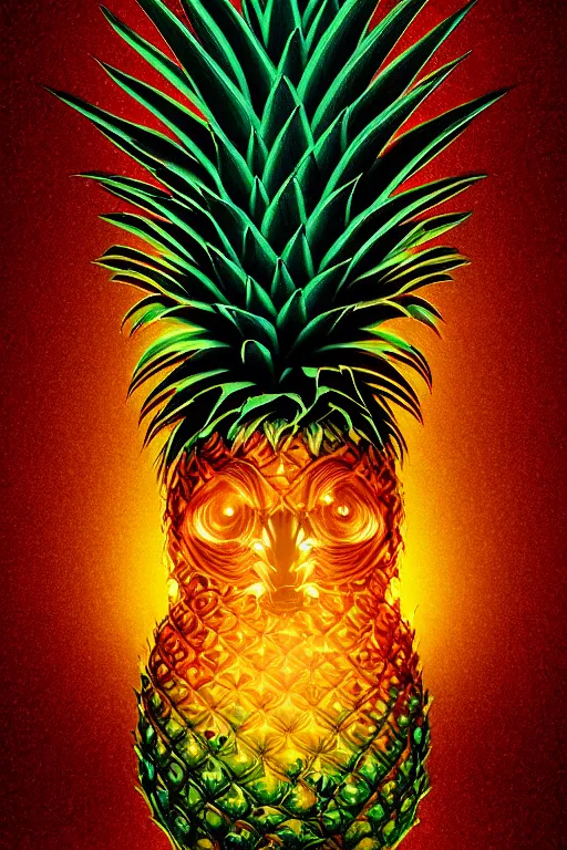 Prompt: glowing luminescent pineapple humanoid figure monster, symmetrical, highly detailed, digital art, sharp focus, trending on art station, amber eyes, autumnal colours