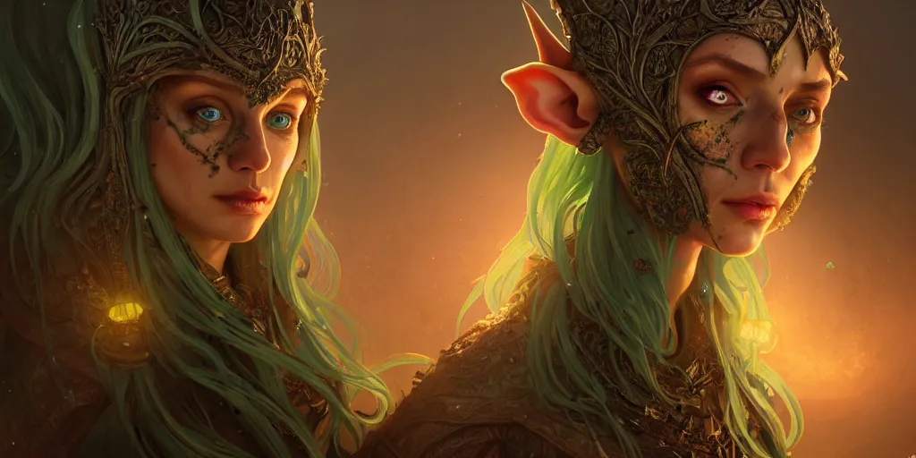 Image similar to beautiful plague - infected ancient elf, slime - covered elven city against blur, highly detailed, digital painting, artstation, sharp focus, illustration, cinematic, art by tan zi and ayanamikodon and alphonse mucha and wlop