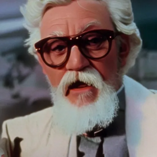 Prompt: Colonel Sanders as Obi Wan Kenobi, extreme detail, 1970s movie still