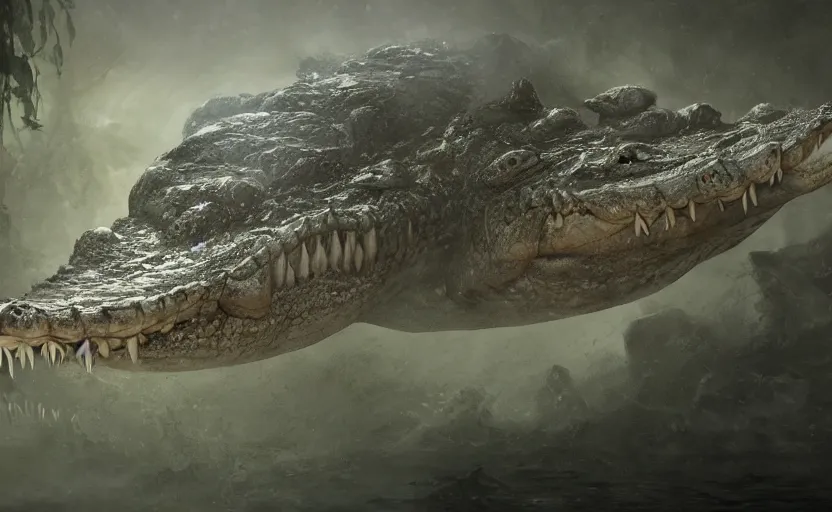 Image similar to a masterpiece of a crocodile with steam coming from it's nostrils, misty swamp, cinematic, fantasy, hyper detailed, digital painting, 4 k realistic, trending on artstation, sharp focus, john banovich, photographer art wolfe, light source on left