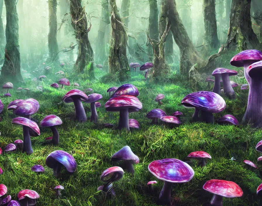 Image similar to trippy eldritch multicolor mushrooms in forest, realistic, beautiful texture, beautiful graphics, fantasy artwork, very beautiful scenery, hd, hdr, ue 5, ue 6, unreal engine 5, cinematic 4 k wallpaper, 8 k, ultra detailed