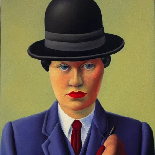 Prompt: painting of Renee Magritte by Renee Magritte, highly detailed, 8k, cinematic,