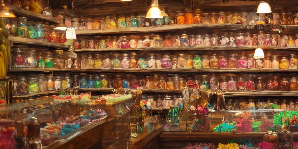 Prompt: Inside an old fashioned sweet shop, jars on shelves, fantasy vendor interior, wide angle, cinematic, highly detailed, photorealistic, rich bright colors, trending on artstation