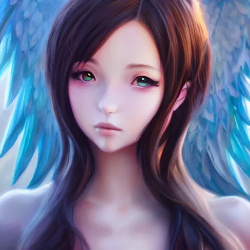 Image similar to an oil painting of a beautiful anime girl with angel wings, by artgerm, hd, hdr, ue 5, ue 6, unreal engine 5, cinematic 4 k wallpaper, 8 k, ultra detailed, high resolution, artstation, award winning