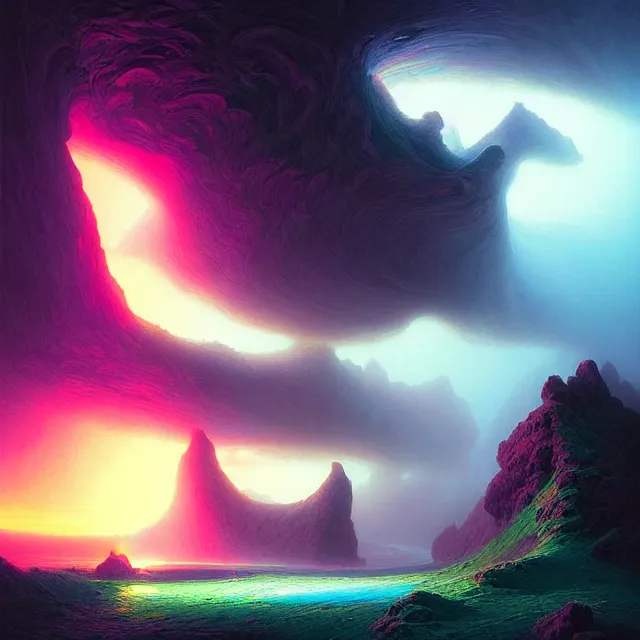 Image similar to the human eye iris, a portal to a fantasy aerial iceland landscape is seen inside the human eye!!!!!, volumetric lighting, colorful, sharp and focus, ultra detailed, beautifully lit landscape, astrophotography, in the art style of dan mumford, ivan aivazovsky and marc simonetti