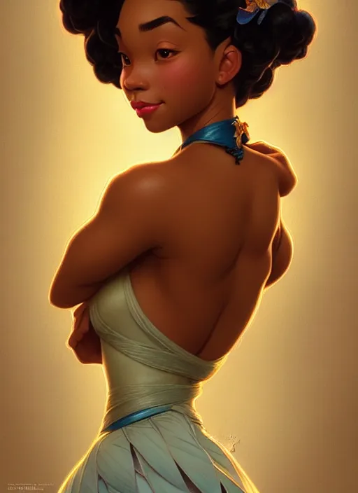 Image similar to portrait of disney tiana, intricate, elegant, highly detailed, my rendition, digital painting, artstation, concept art, smooth, sharp focus, illustration, art by artgerm and greg rutkowski and alphonse mucha and uang guangjian and gil elvgren and sachin teng, symmetry!!