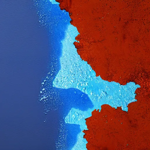 Image similar to top down view of map of country iceland made out of ice, accurate map, surrounded by ocean made out of hot orange lava, realistic
